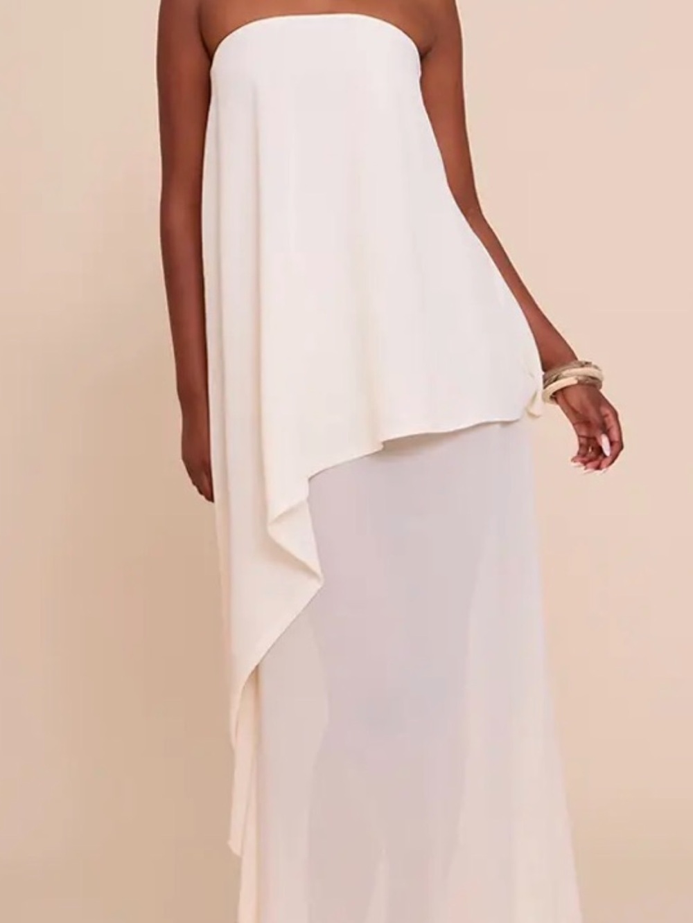 Peppermayo Strapless Asymmetric Cream Maxi Dress